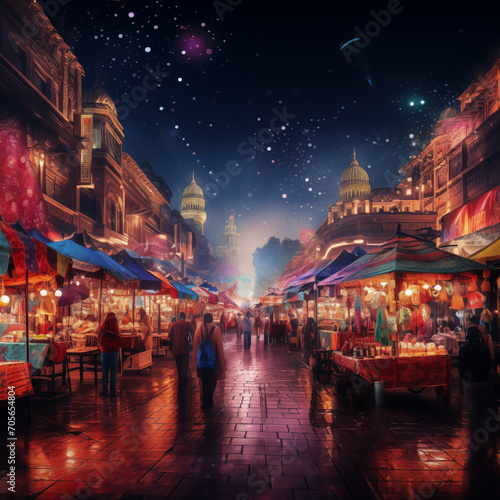 Vibrant Ramadan night market, with colorful stalls, bright lights with out people no any people just market