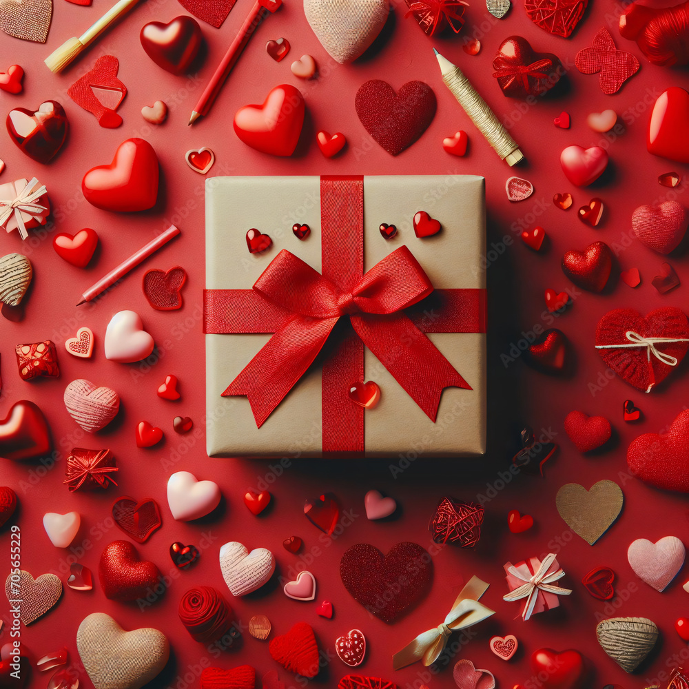 Heartfelt Radiance: Red Valentines Day Background with Gift Box and Mixed Hearts, Top View Flat Lay.