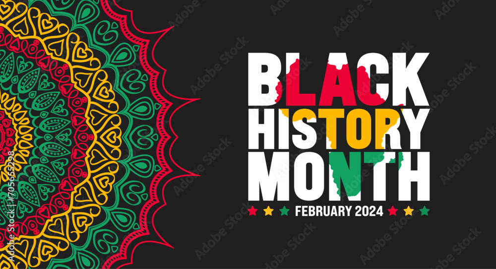 Black history month colorful lettering typography with Mandala background. Celebrated February in united state, Africa and Canada. Juneteenth Independence Day. Kwanzaa.