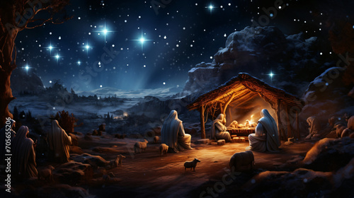 Traditional nativity scene set against a starlit night