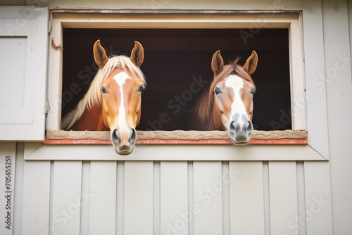 two equine friends in adjacent stable windows