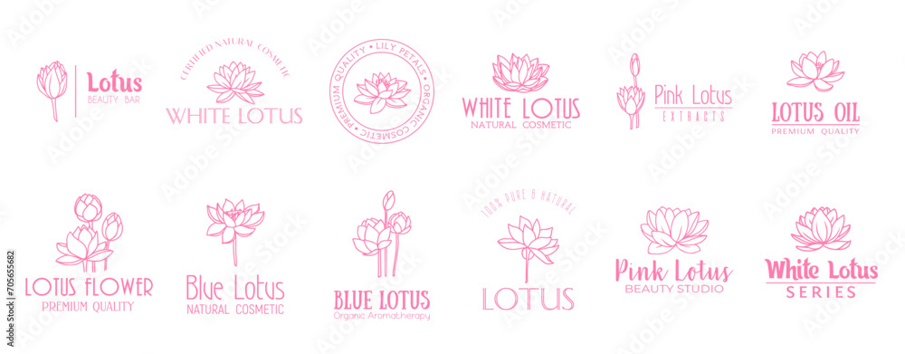 Lotus flower minimal emblem, extract and cosmetics. Isolated vector elegant emblems set, symbolizing purity, ideal for cosmetic and skincare brands, capturing the essence of natural, radiant beauty
