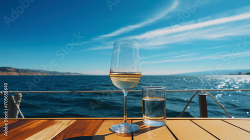 Close-up of a glass of white wine against of sea backdrop. Romantic trip concept. Generative AI