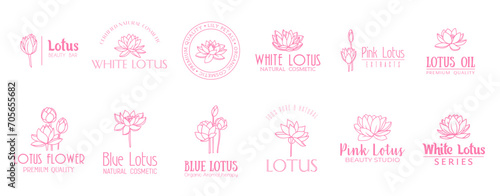 Lotus flower minimal emblem, extract and cosmetics. Isolated vector elegant emblems set, symbolizing purity, ideal for cosmetic and skincare brands, capturing the essence of natural, radiant beauty