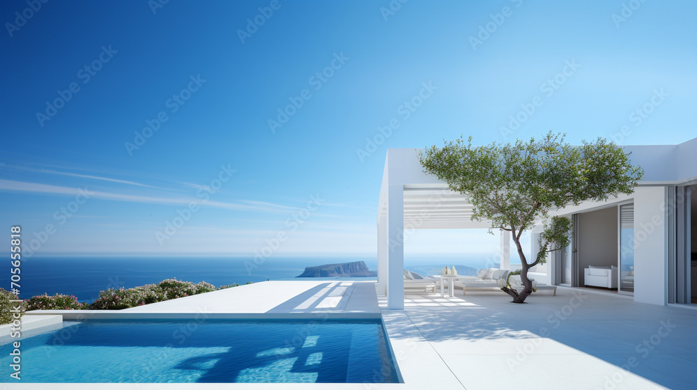 Contemporary holiday villa with sea view pool and terrace Copy space image Place for adding text or design 