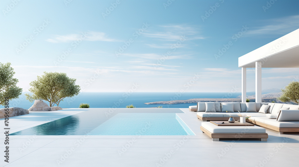 Contemporary holiday villa with sea view pool and terrace Copy space image Place for adding text or design  - obrazy, fototapety, plakaty 