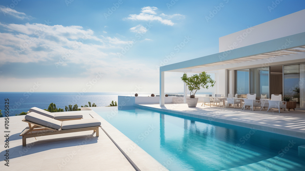 Fototapeta premium Contemporary holiday villa with sea view pool and terrace Copy space image Place for adding text or design 