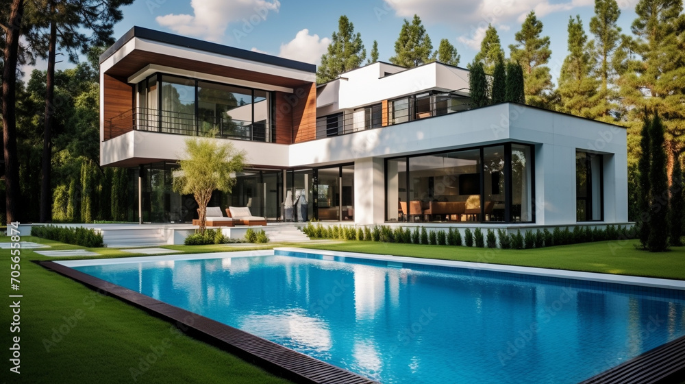 Modern house or villa with a beautiful lawn in front of the house and swimming pool