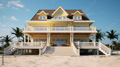 large wooden house with a front porch leading out to a beach.