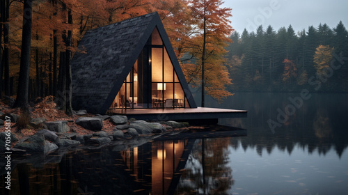 Minimalist home or villa on the edge of a lake. Unique architectural design that blends seamlessly with the natural landscape