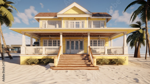 large wooden house with a front porch leading out to a beach. © Banu