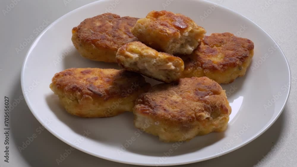 Fried breaded fish cutlets made with minced salmon on dish Fried breaded fish cutlets made with minced salmon on dish