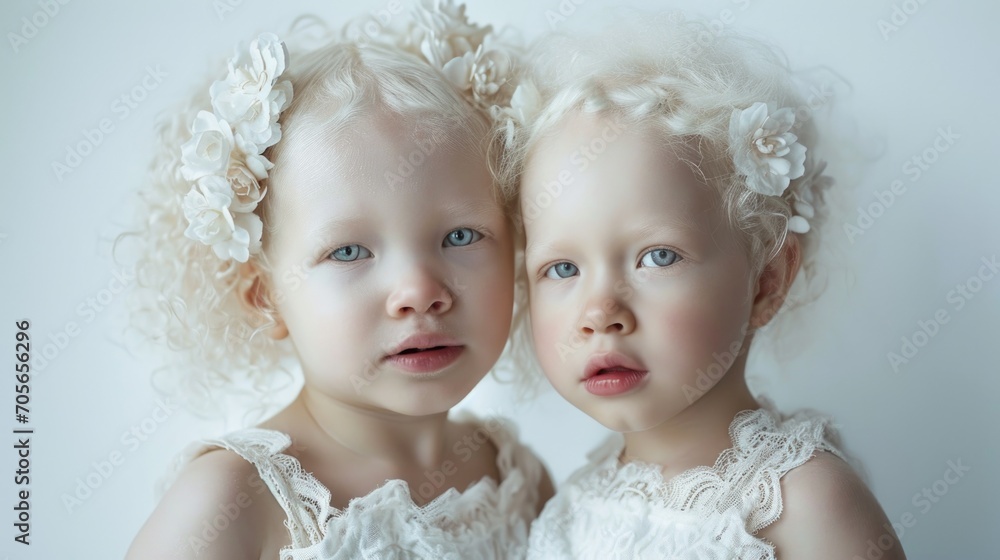 albino twin models pose gracefully on a clean white background. albino twin models pose gracefully on a clean white background.