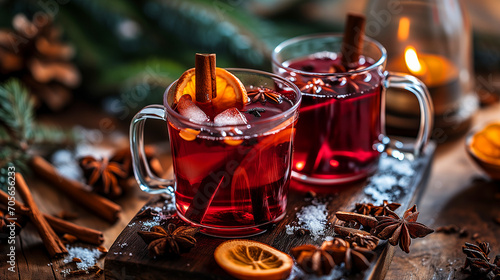 Mulled wine in beautiful glasses, fruits, oranges, cinnamon, a festive and cozy atmosphere. Photorealistic, background with bokeh effect. 