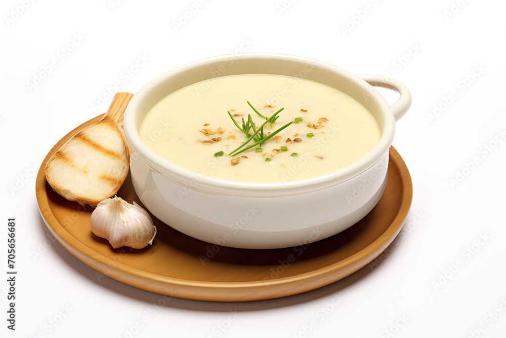 A bowl of creamy garlic soup garnished with herbs, served on a wooden tray with grilled bread and a bulb of garlic. A bowl of creamy garlic soup garnished with herbs, served on a wooden tray with grilled bread and a bulb of garlic.