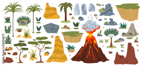 Jurassic period environment game assets, vector jungle volcano and plants, palms and rocks. Dinosaur theme cartoon game elements of volcano lava eruption, stone rocks and prehistoric green leaf plants photo