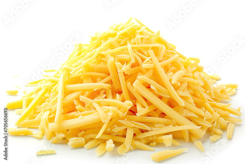 A close-up image showcasing a heap of freshly grated yellow cheese, isolated on a white background, perfect for food and culinary themes.