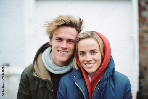 Portrait of young couple smiling at camera outside in cold winter day.