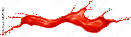 Red wave of tomato juice or ketchup sauce splash in long flow spill, realistic vector. Red paint, wine or berry jam and fruit syrup wave splash with drops splatter for dessert sauce and tomato ketchup photo