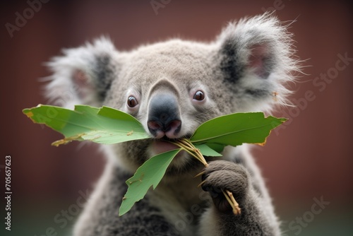 koala bear with a eucalyptus leaf in mouth photo