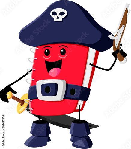 Cartoon notebook school supply pirate and corsair character. Isolated vector notepad or diary filibuster personage with cocked hat, sword, gun and mischievous grin, ready to sail pages of adventure