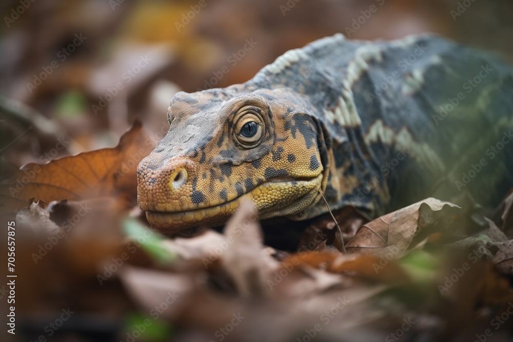 komodo camouflaged in foliage with prey in grasp komodo camouflaged in foliage with prey in grasp