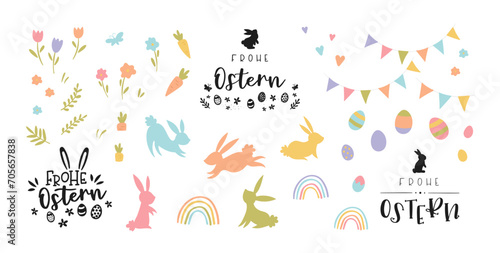 Collection of lovely hand drawn easter designs with text in german "Happy Easter" cute hand drawn bunnies, eggs and decoration - vector design