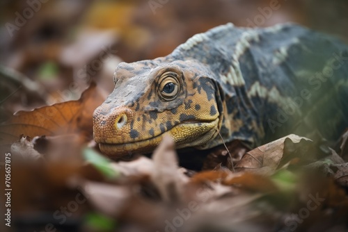 komodo camouflaged in foliage with prey in grasp