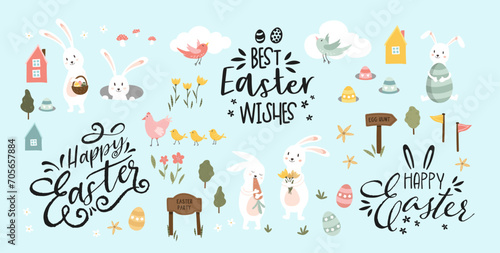 Collection of lovely hand drawn easter designs with cute typography, sweet hand drawn bunnies, eggs and decoration - vector design
