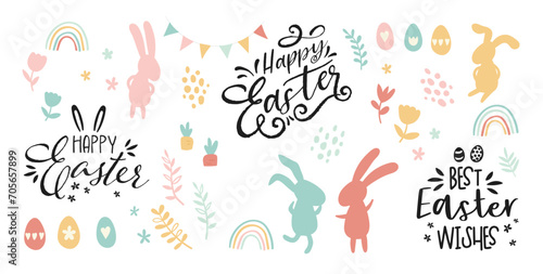 Collection of lovely hand drawn easter designs with cute typography, sweet hand drawn bunnies, eggs and decoration - vector design © TALVA