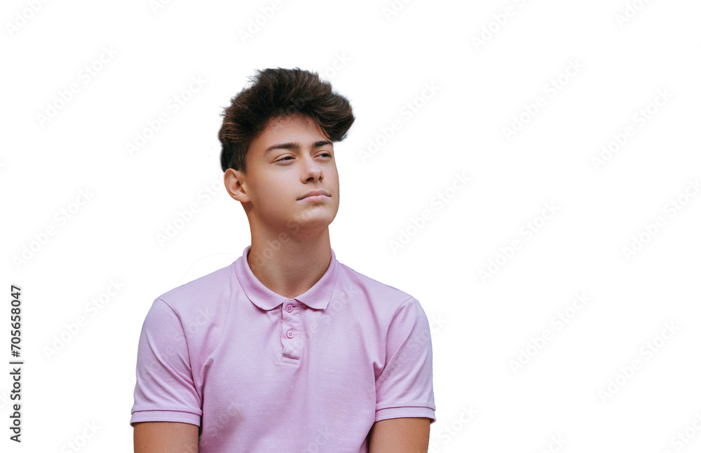 Purposeful young guy in rose polo stands outside looks away thoughtfully against transparent background dreaming about future. Handsome Italian teenager waits for girlfriend. Purposeful young guy in rose polo stands outside looks away thoughtfully against transparent background dreaming about future. Handsome Italian teenager waits for girlfriend.
