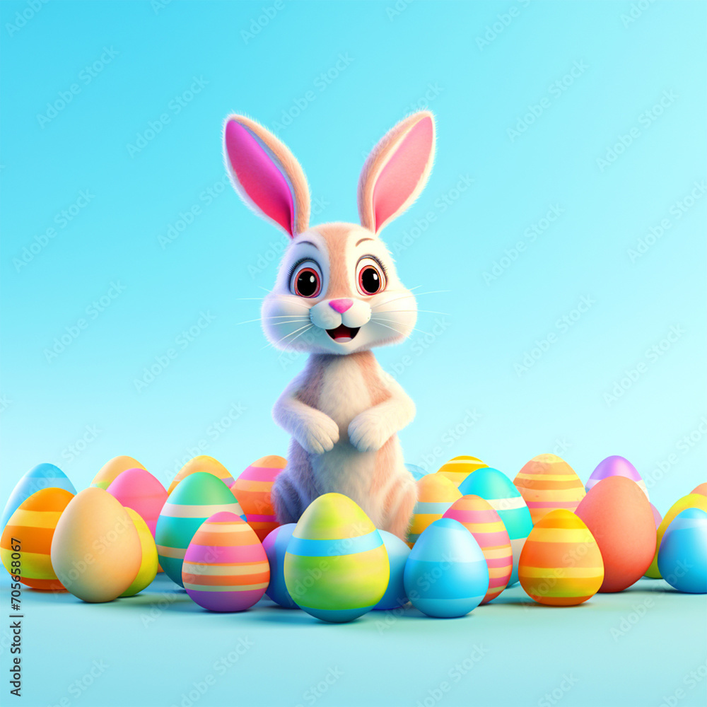 Cute Easter bunny sitting with easter eggs on isolated background - ai generative Cute Easter bunny sitting with easter eggs on isolated background - ai generative