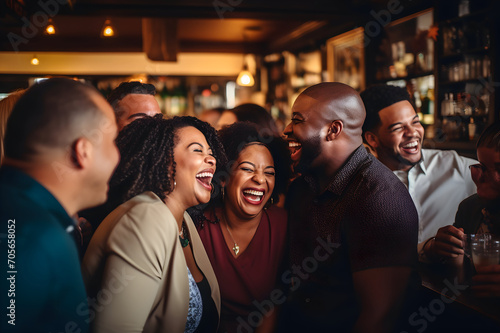 Group of friends laughing and having fun in a pub. Group of young people having fun together. © gographic