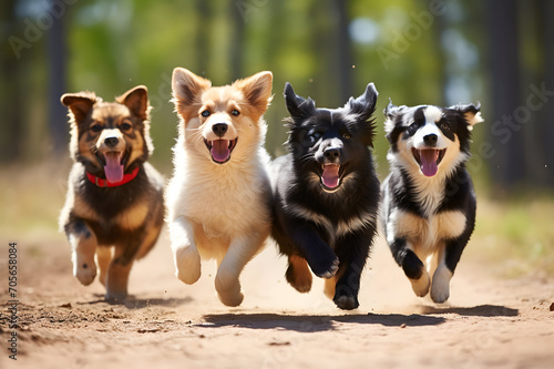 Group of Welsh Corgi Pembroke puppies running in the forest