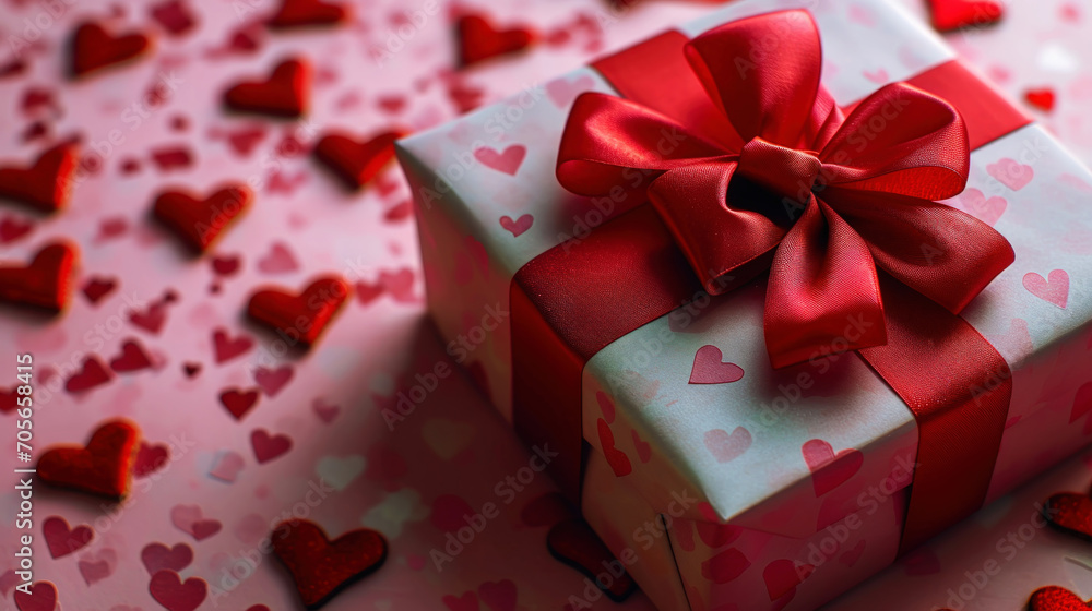 Elegant gift box with red ribbon. Girly pink background with hearts. Romantic gifts concept. Generative AI