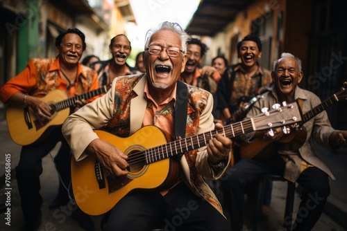 A group of elderly men having fun at a street music festival generated AI