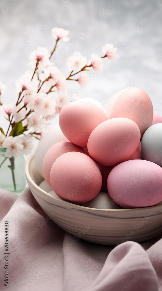 Happy easter eggs painted in pastel colors on in bowl