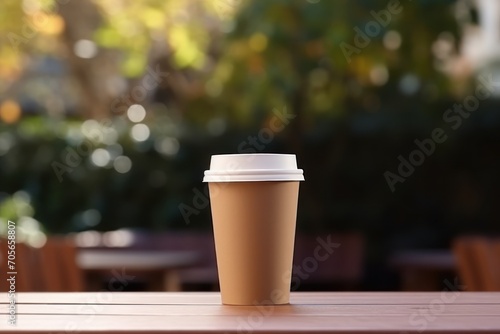 Takeaway cardboard coffee cup with plastic lid outdoors  space for text