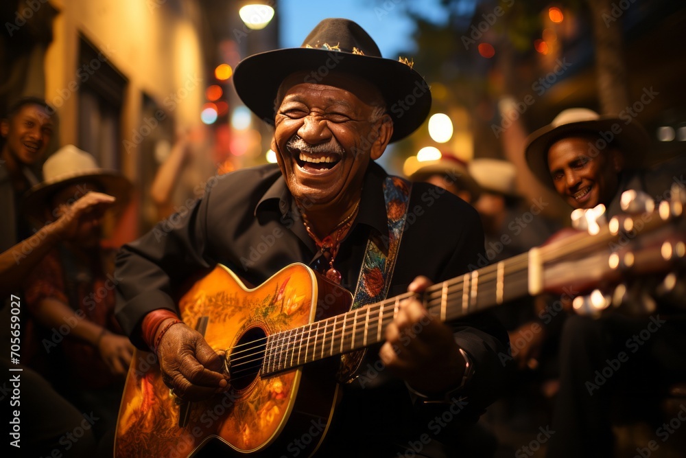 Obraz premium A group of elderly men having fun at a street music festival generated AI