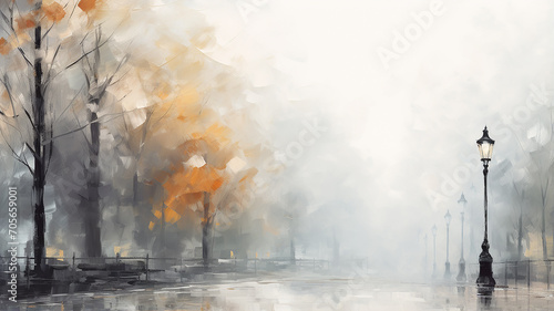 autumn watercolor light gray background, street lamp on a blurry background copy  space blank greeting form