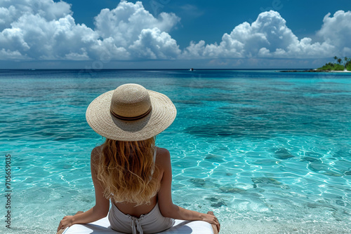 Beatiful woman sitting on tropical  beach in summer © Masson
