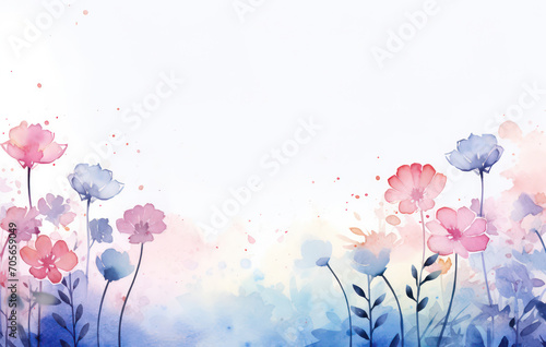 Floral Watercolor Blooming  A Colorful Illustration of Vintage Pink Blossoms on a Green Meadow