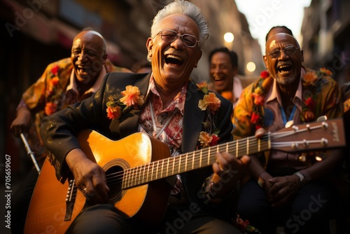 A group of elderly men having fun at a street music festival generated AI