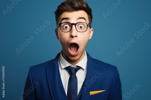 Young man with europan features dressed in suit is shocked, solid background photo