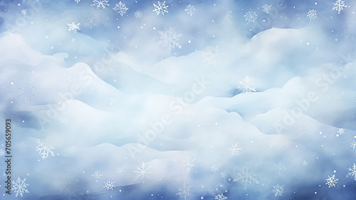 winter postcard blank form watercolor drawing, landscape in blue tones, covered with snow, snowfall in light blue tones abstract blurred background