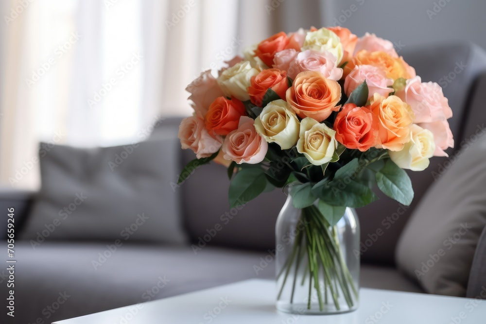Bouquet of beautiful ranunculuses on table in living room Bouquet of beautiful ranunculuses on table in living room