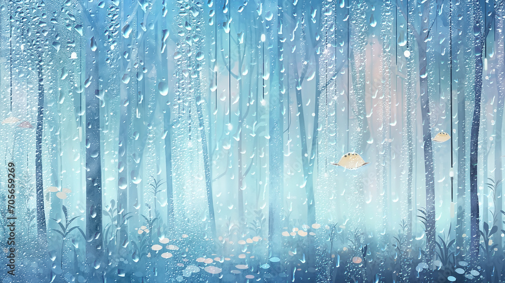 raindrops on the window pane tropical rain in the jungle, watercolor drawing background light white and green raindrops on the window pane tropical rain in the jungle, watercolor drawing background light white and green