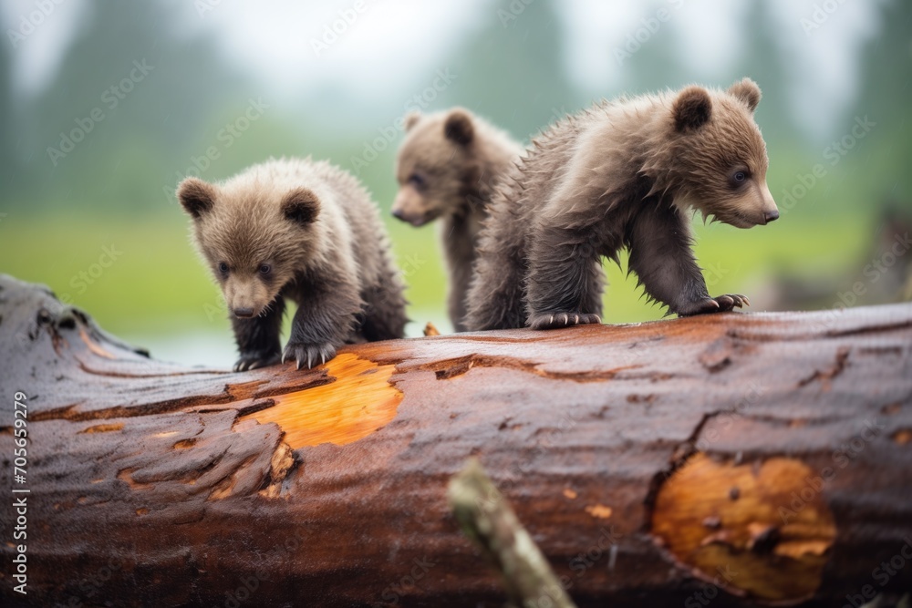 Fototapeta premium cubs climbing over a fallen tree trunk