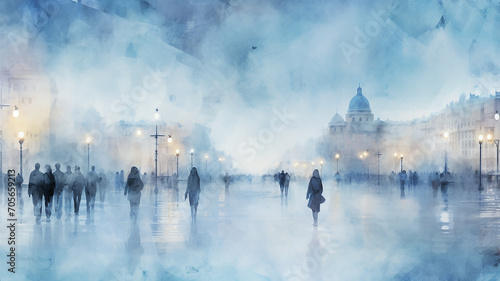 watercolor urban style crowd of people blurred background in gray and light blue November, December seasonal poster