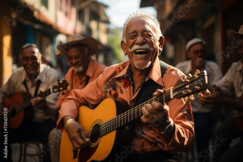 A group of elderly men having fun at a street music festival generated AI © Tatiana